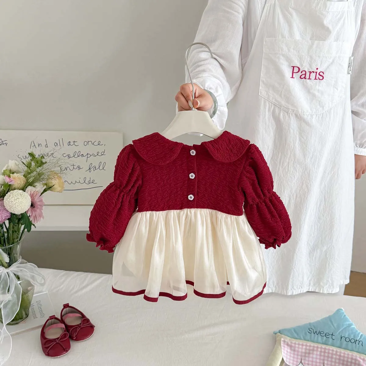 Spring and Autumn Girls' Burgundy Color-Block Princess Dress with Doll Collar, Puffy Long Sleeves, Large Bow, Baby Birthday Dress, New Year Birthday Photo Shoot Outfit, Autumn Clothing for Babies