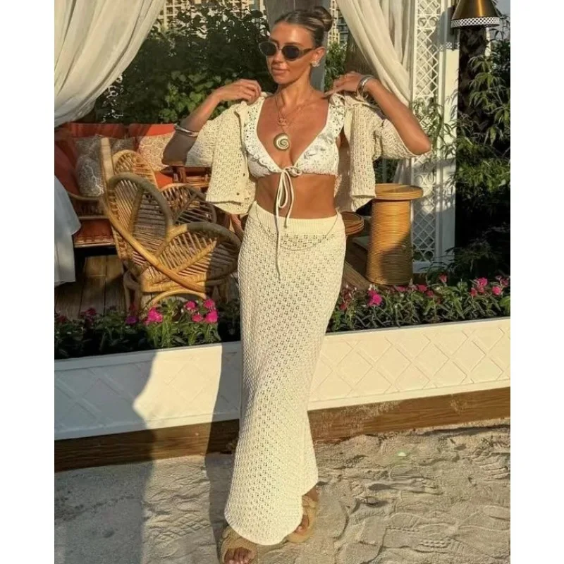 2024 Summer Knitted Crochet Vacation 2 Piece Set Women Single Breasted Short Sleeve Crop Tops Long Skirt Casual Street Beachwear