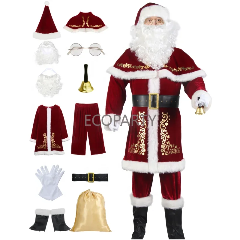 12PCS Men's Christmas Costume Adult Santa Claus Costume Xmas Suit Hat Shawl Top Pants Belt Boots Mitten Beard Wig Set M-5XL