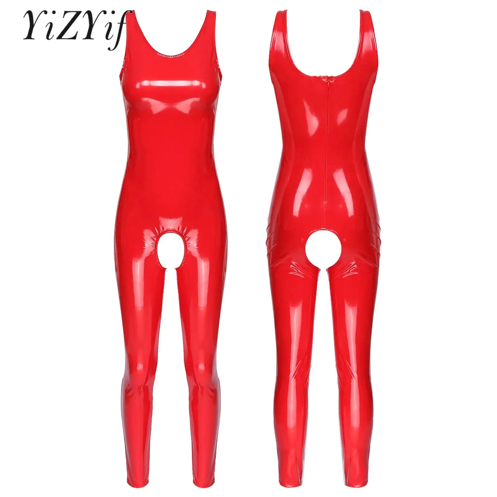 Womens One-piece Latex Open Crotch Leotard Clubwear Sleeveless Pole Dance Catsuit Leotard Romper Jumpsuit Halloween Party