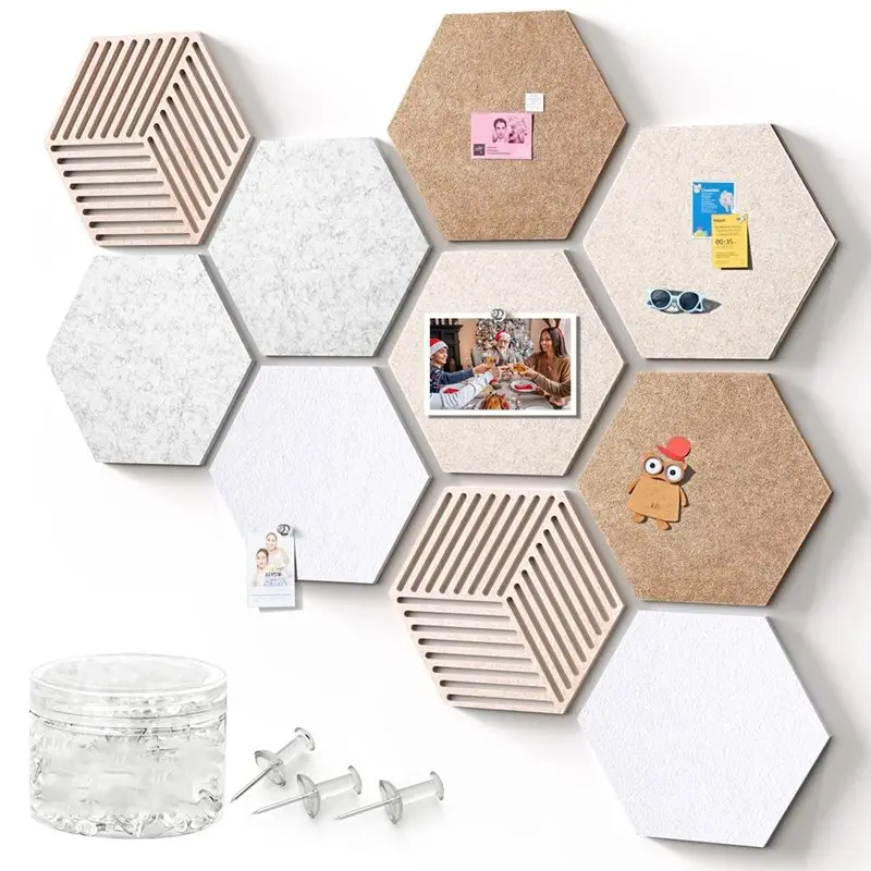 ABGG-Hexagon Cork Boards For Walls Decor 10 Pack Cork Bulletin Board Tiles With 50 Pins,Pin Board For Office & Home