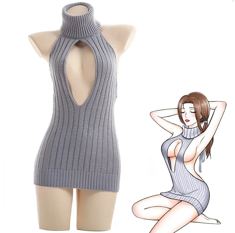 

Anime Teacher Cosplay Costume Sexy Women Backless Sweater Turtleneck Open Chest Hollow Knitted Sweaters Sexy Lingerie pajamas