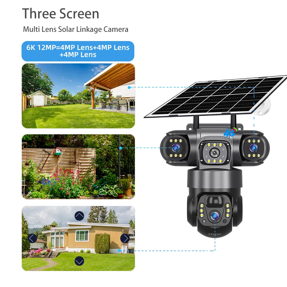 V380 PRO 12MP 6K PTZ 4G SIM Outdoor Security Camera Triple Lens Three Screen Color Night Vision IP Surveillance