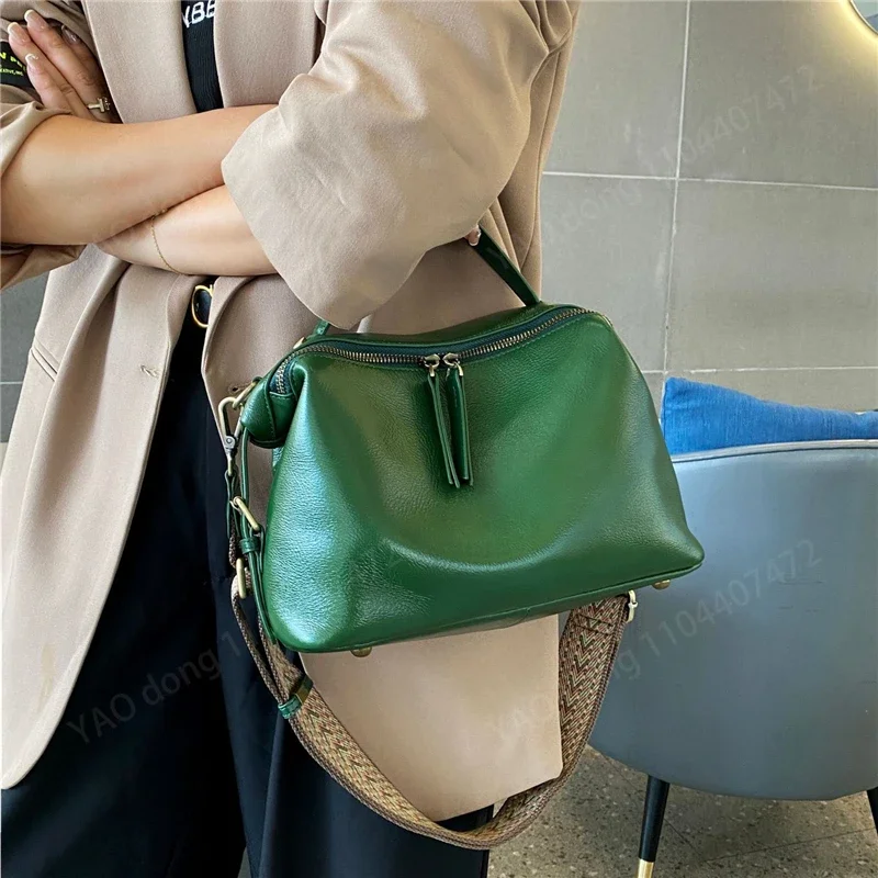 Yao Dong Burminsa Cowhide Genuine Leather Pillow Tote Handbags For Women 2025 Luxury Designer Wide Strap Ladies Shoulder Crossbo