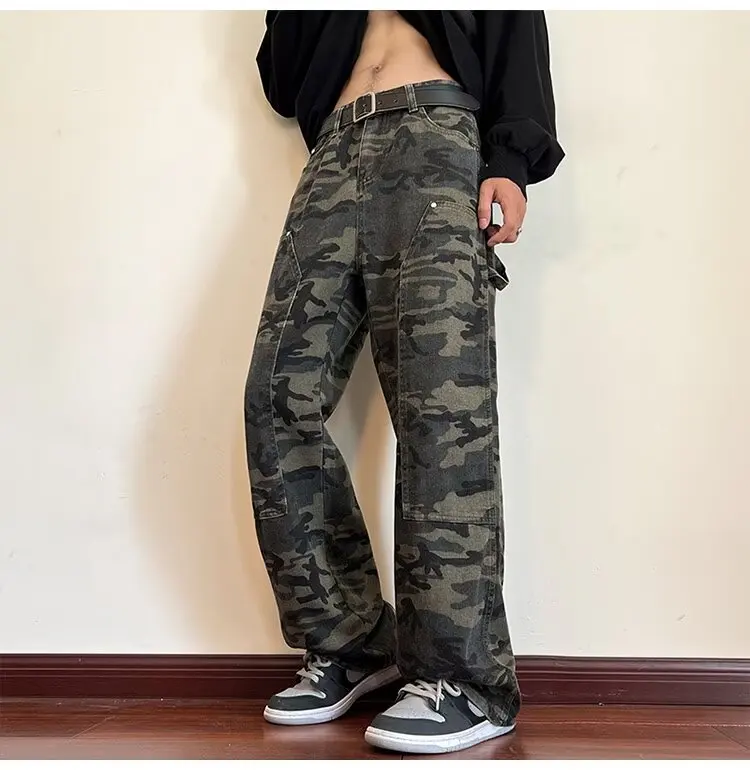 

Military Design Camoflage Jeans Men Side Pockets Trousers Male's Baggy Jeans Y2K Male Cowboy Pants with Pockets Trousers 90s