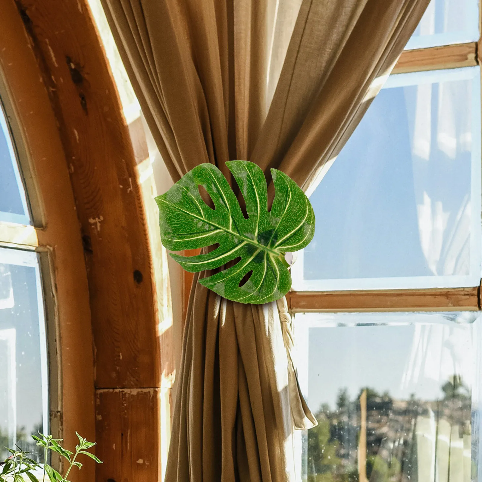 Monstera Leaf Curtain Tiebacks – Green Faux Plant Drapery Clamps, No-Damage Window Holdbacks