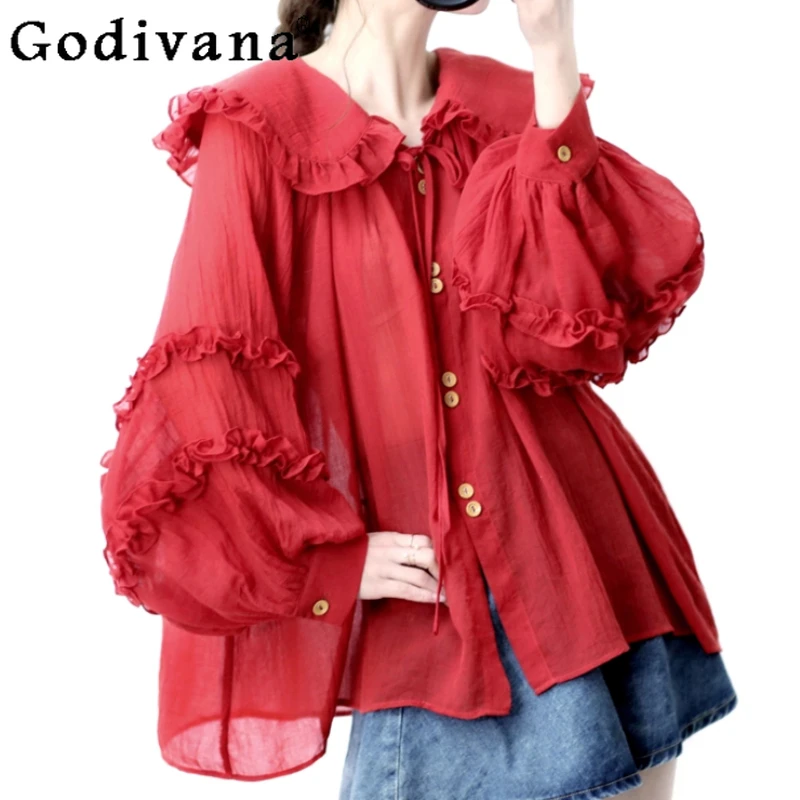 

Autumn Court Lantern Sleeve Sweet Peter Pan Collar Cotton Linen Shirt Fashion Girl Long Sleeve Loose Age Reducing Lolita Top