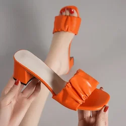 Women Summer New Chunky Heel Slippers Fashion Pleated Square Toe Green Orange Women Sandals Casual Elegant Ladies Dress Sandals