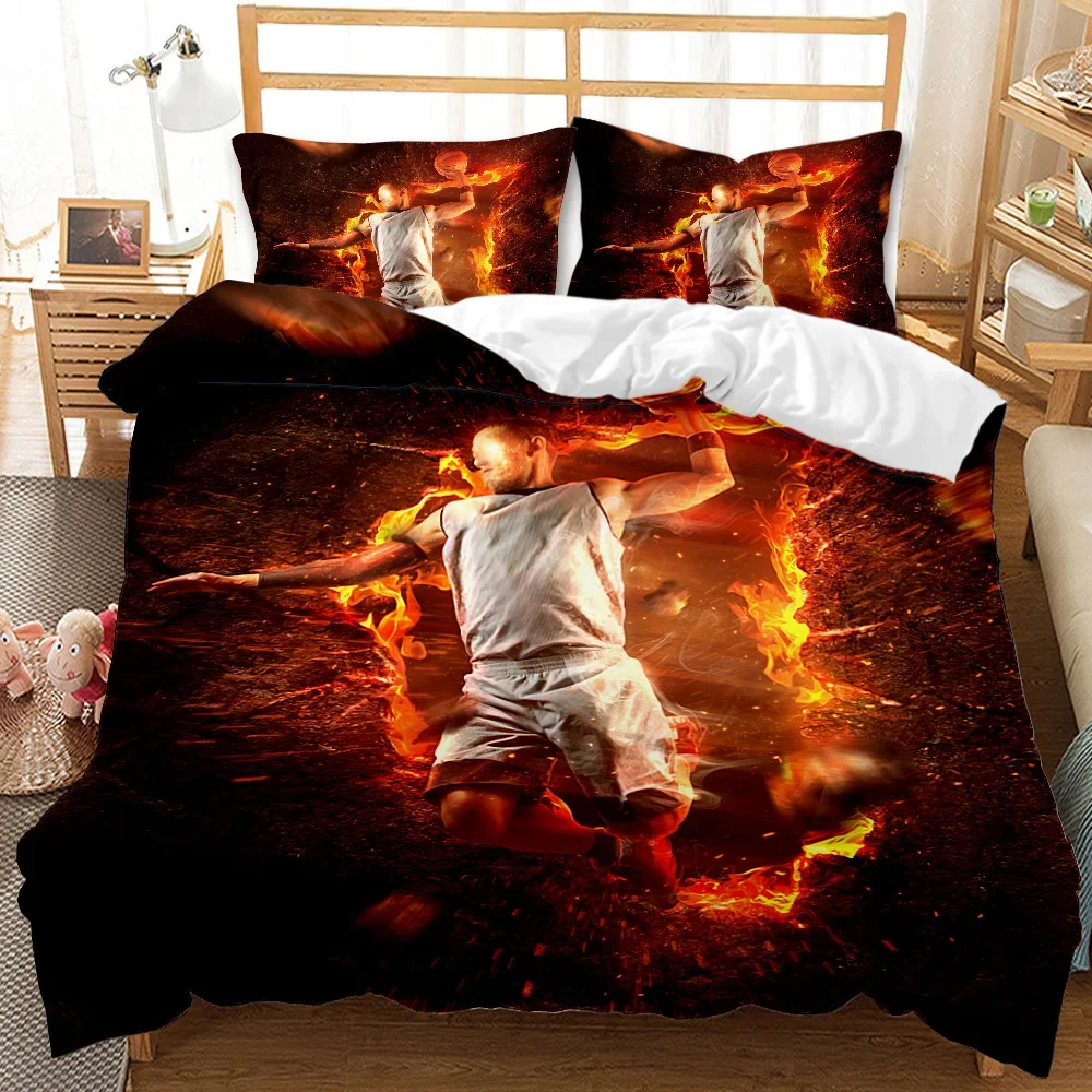 3Pc Fire Basketball Bedding Microfiber Queen/King Size Sports Comforter Set For Teen Boys,2 Pillowcase And 1 Polyester Cover