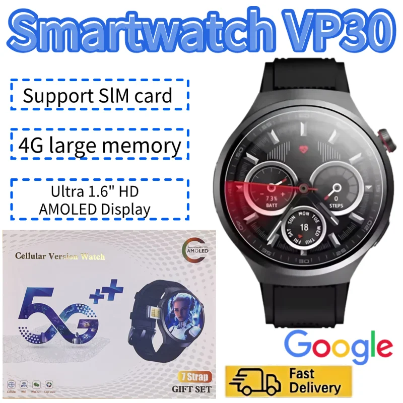 

2025 VP30 5G Smartwatch 128GB Storage Android OS AMOLED Screen SIM Card Support Long Lasting 1100mAh Battery Smart Watch