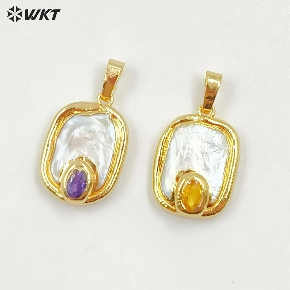 

WT-JP156 WKT Unique Design Natural Freshwater Pearl Pendants Long Square With Gold Trim And Cubic Zircon Elegant Jewelry Making