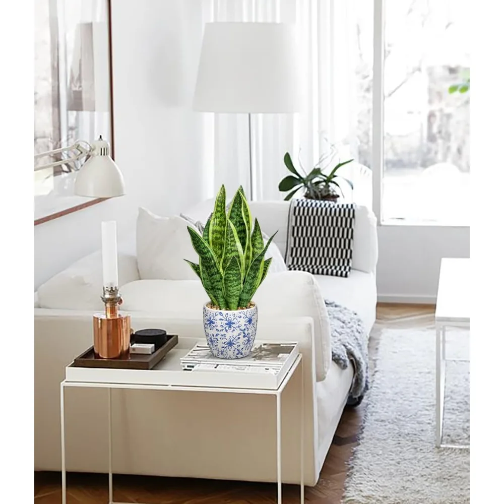نبات الثعبان الاصطناعي في وعاء أزرق أبيض، 15.7 بوصة من Sansevieria لديكور المنزل والمكتب هدية الانتقال لمنزل جديد #5