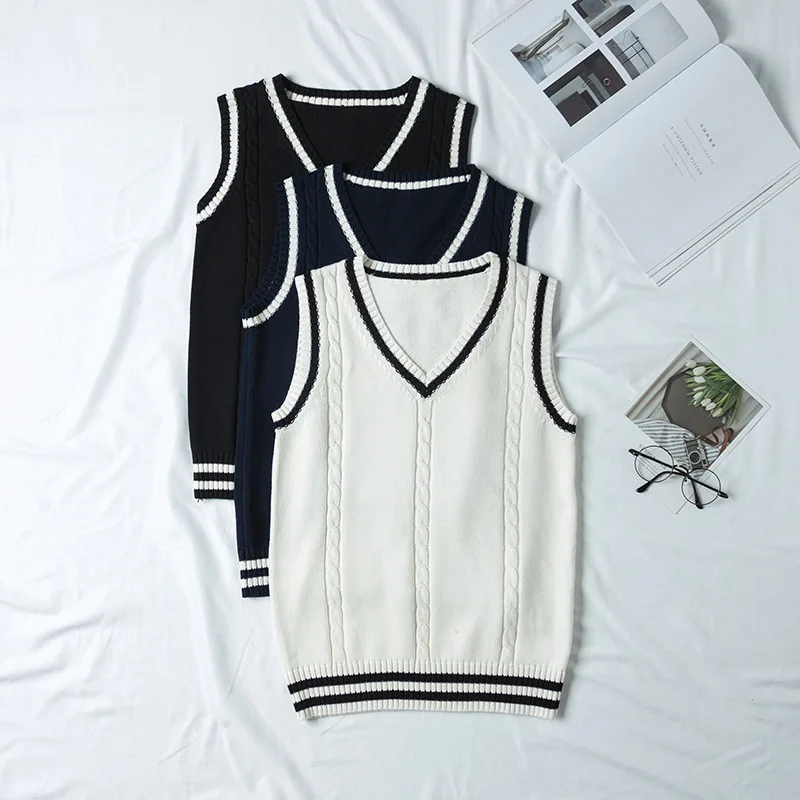 

Preppy British Style Vest Men Women JK Uniform V-neck sleeveless Tank Tops Spring autumn Fried Dough Twists Stripe Waistcoat