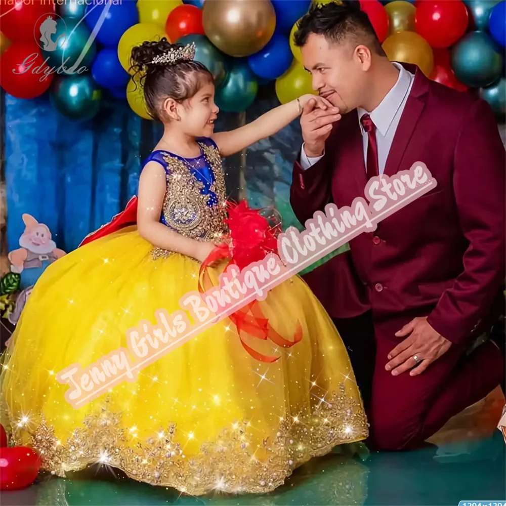 

2025 Blue With Gold Mesh With Red Bow Gold Appliqué Young Beautiful Girl Birthday Dress Wedding Beauty Pageant Evening Dress