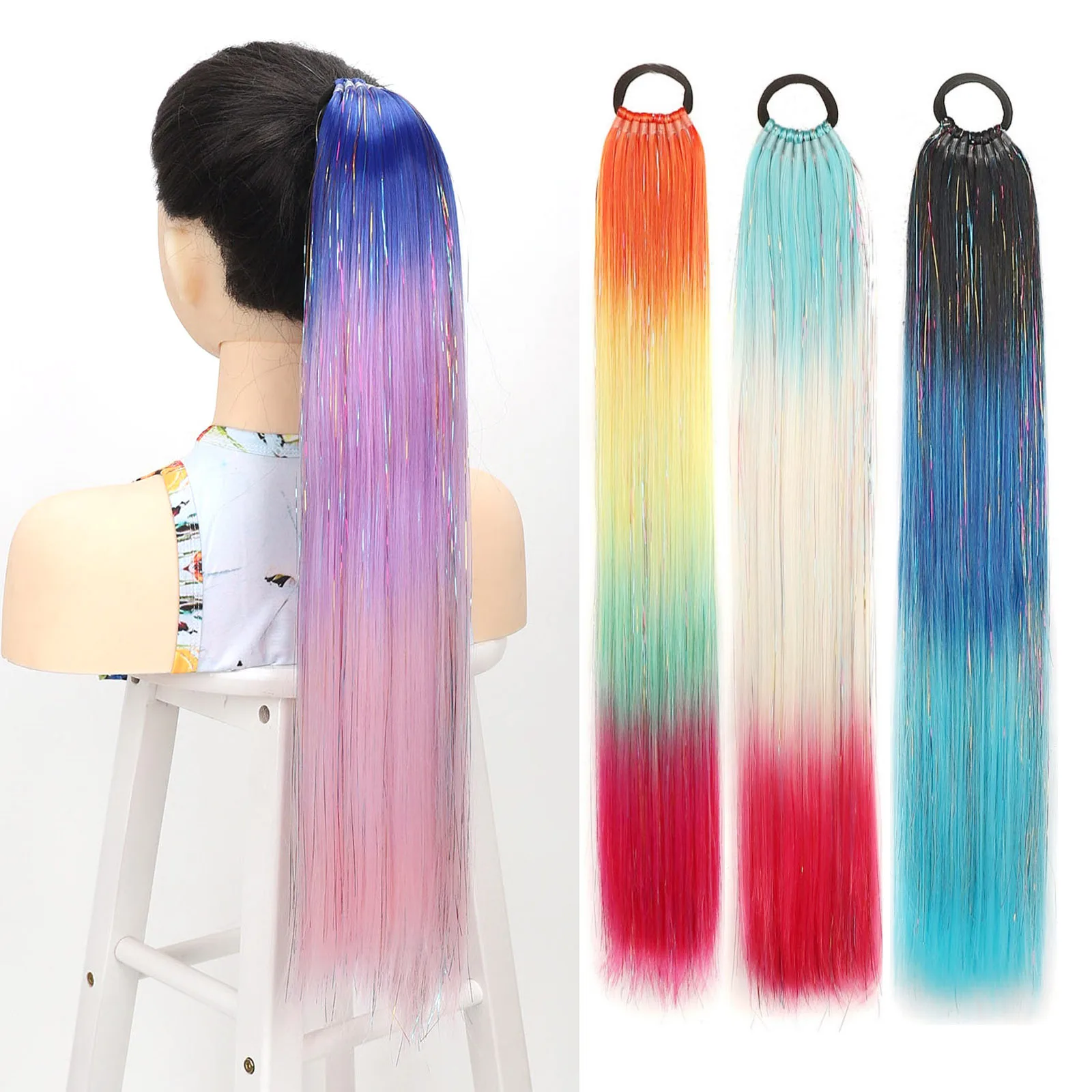 

Мишура, блестящий хвостик, наращивание волос, радужные блестящие хвостики, праздничный аксессуар, синтетический шиньон для косплея, вечерние