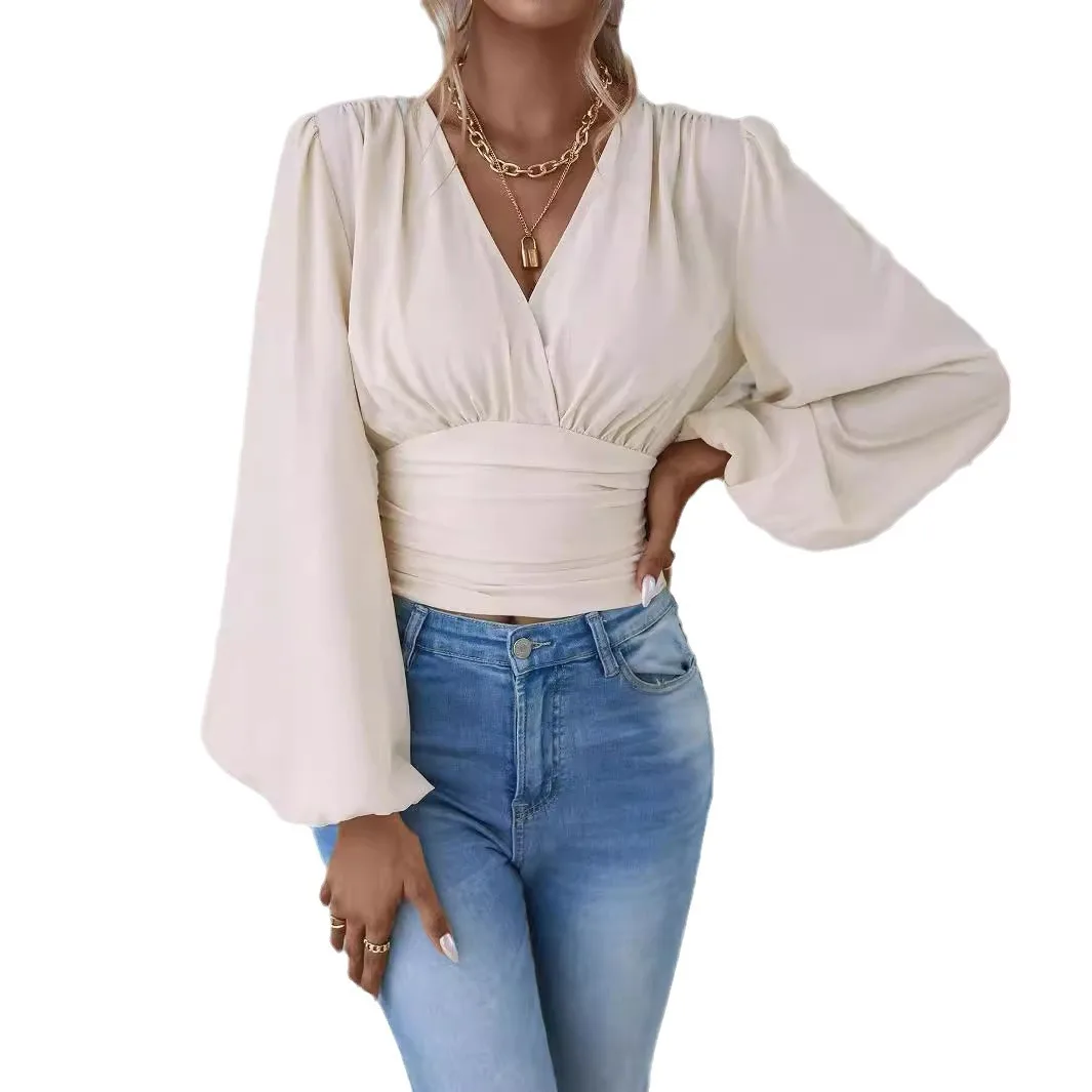 Women Beige Puff Sleeve Blouse Sexy V Neck Slim Solid Office Lady Cinched Waist Pink Black One-pieces Pullver Shirts Fall Tops