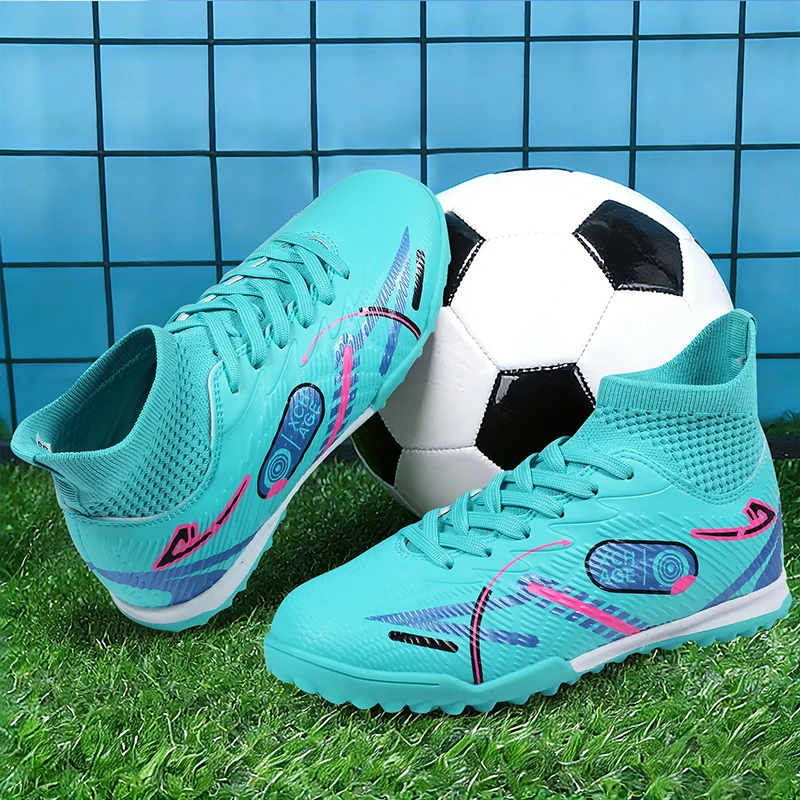 A pair of youth high-top TF soccer cleats, elastic sock collar, graffiti print lightweight boots for training JS-72020-1