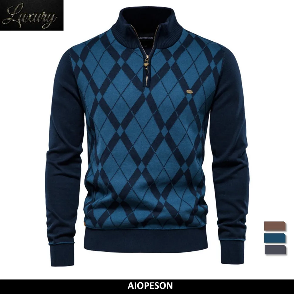 

Argyle Men Sweaters Cotton Mock Neck Zipper Patchwork Pullover Winter High Quality Fashion Warm for