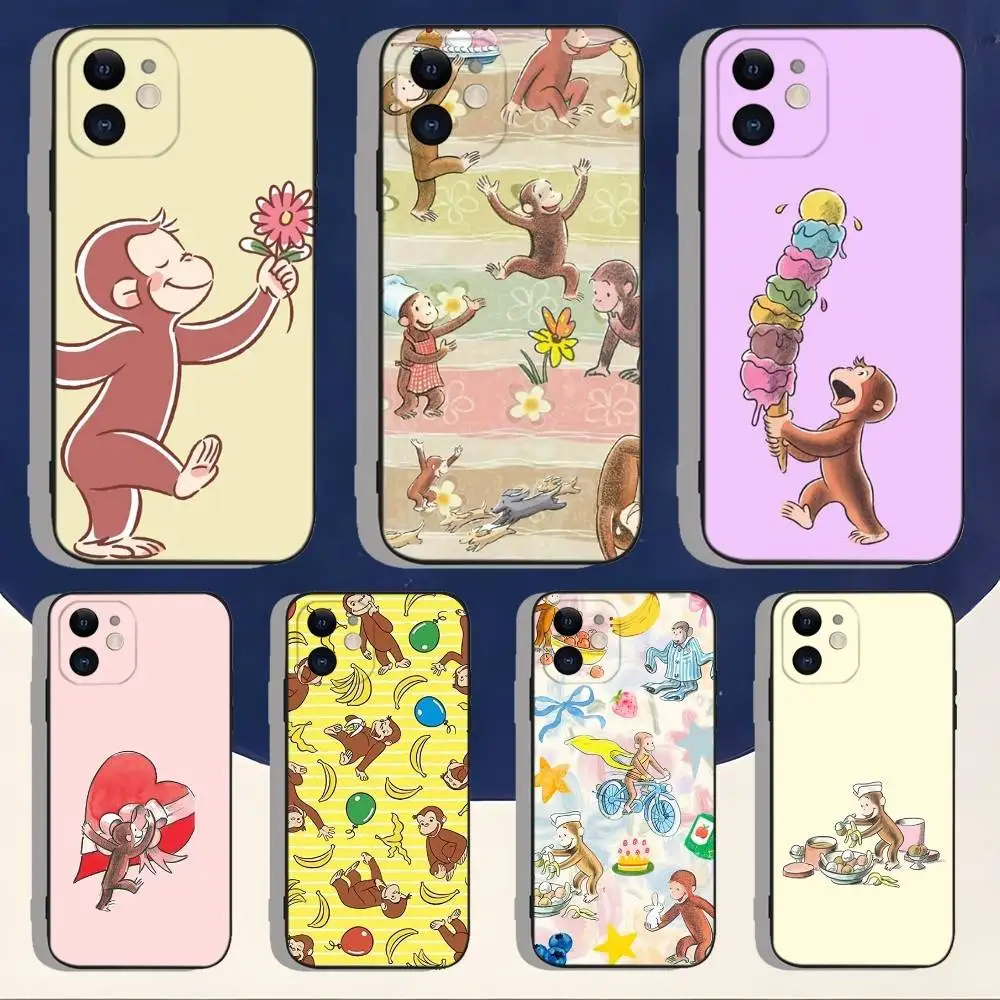 

Curious George Monkey Phone Case For iPhone 16,15,14,13,12,11,Pro,Max,Plus,X,XS,XR,SE,8,7,Mini,Soft Silicone Black Case