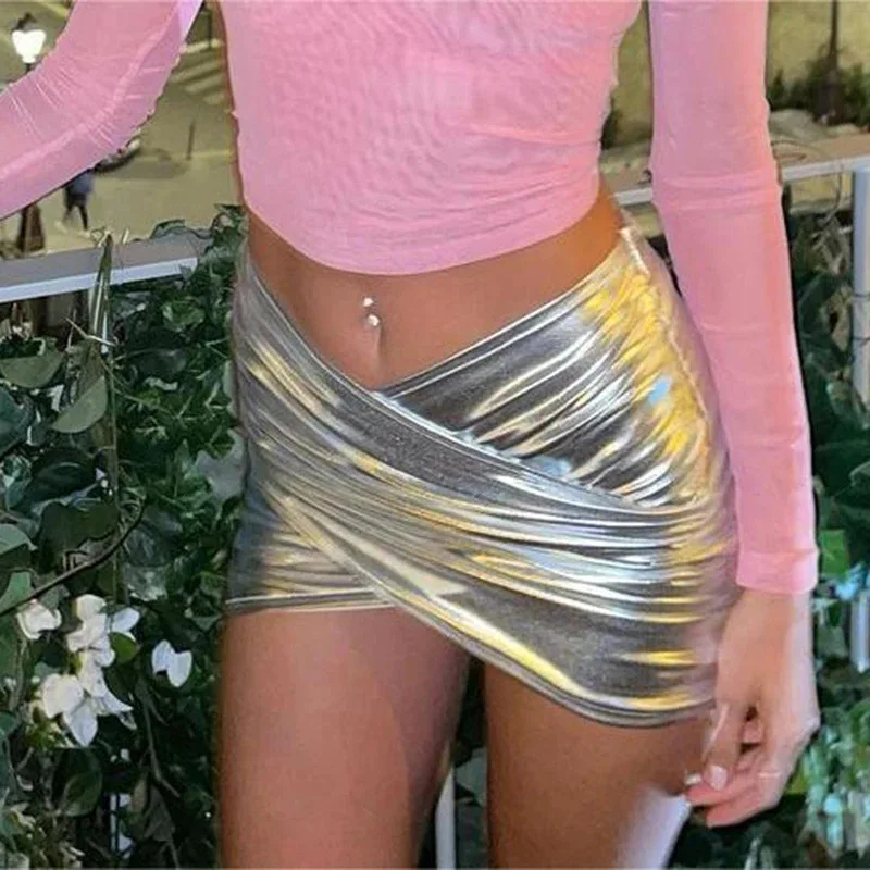 Women's Metallic Wrap Mini Skirt High Waist Twisted Design Soft Comfortable Fashion Trendy Casual Commute Daily Wear Half Skirt