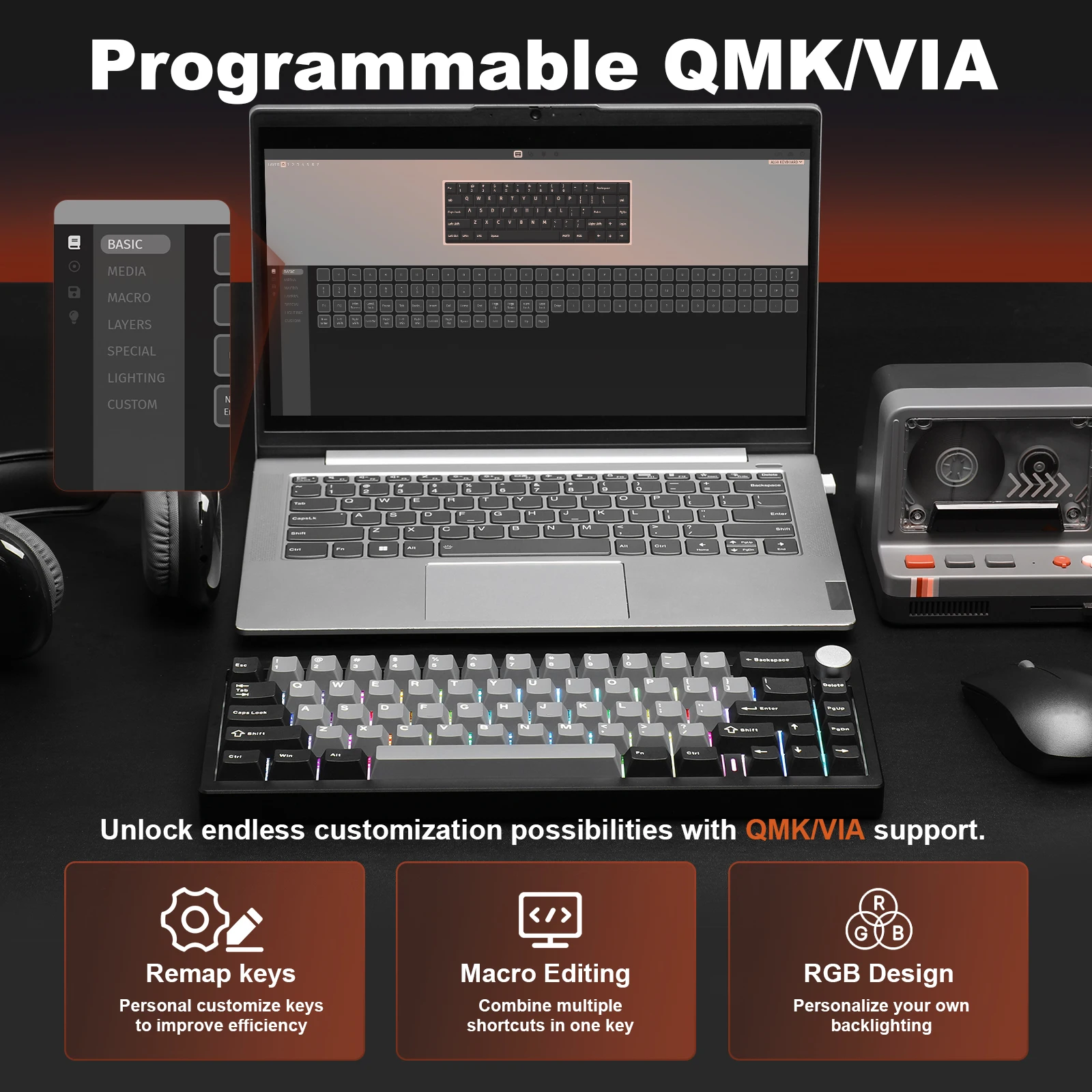 YUNZII AL68 ブラック QMK/VIA メカニカルキーボード、ワイヤレス 