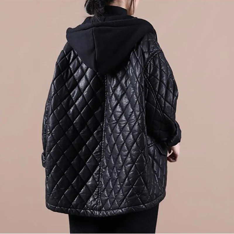 Korean Loose Oversized Women Cotton Padded Jacket Thicke Quilted Warm Autumn Winter Jacket Hooded Outerwear Female Parkas Black