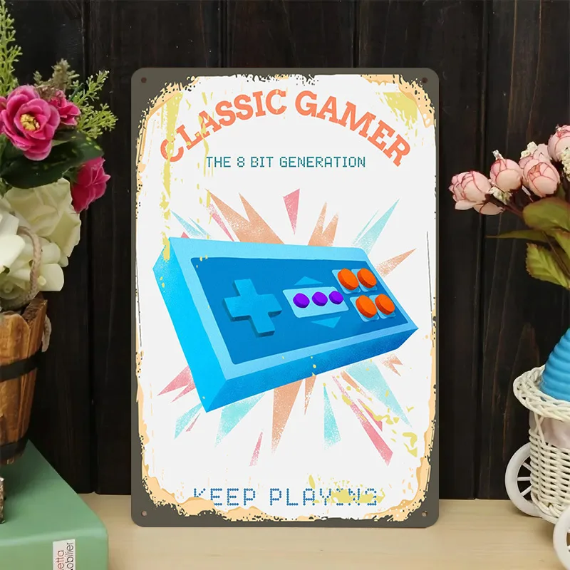 Classic Gamer Metal Tin Sign - Retro Video Game Design with NES Controller & Paddle, 
