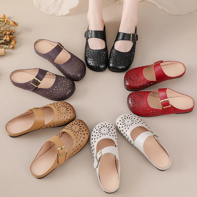

New buckle mules shoes genuine leather sandals woman summer backless flats women's cutout clogs sandals ladies elegant slip ons