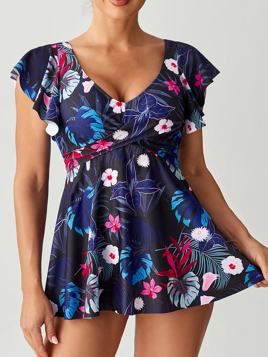 2026 ملابس سباحة مطبوعة الإناث الخامس الرقبة Tankini قطعتين ملابس السباحة النساء فستان الشاطئ الاستحمام السباحة لباس سباحة بحر