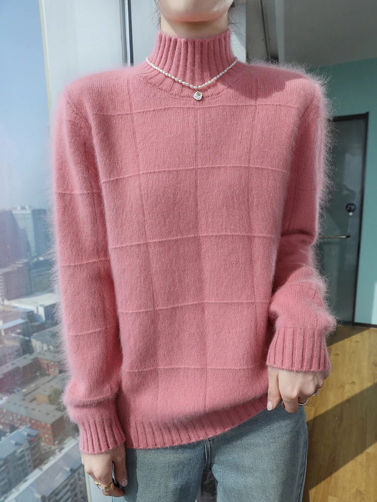 

Women's Mock Neck 100% Mink Cashmere Sweater Pullovers Long Sleeve Square Pattern Knitwear Autumn Winter Thick Female Clothing