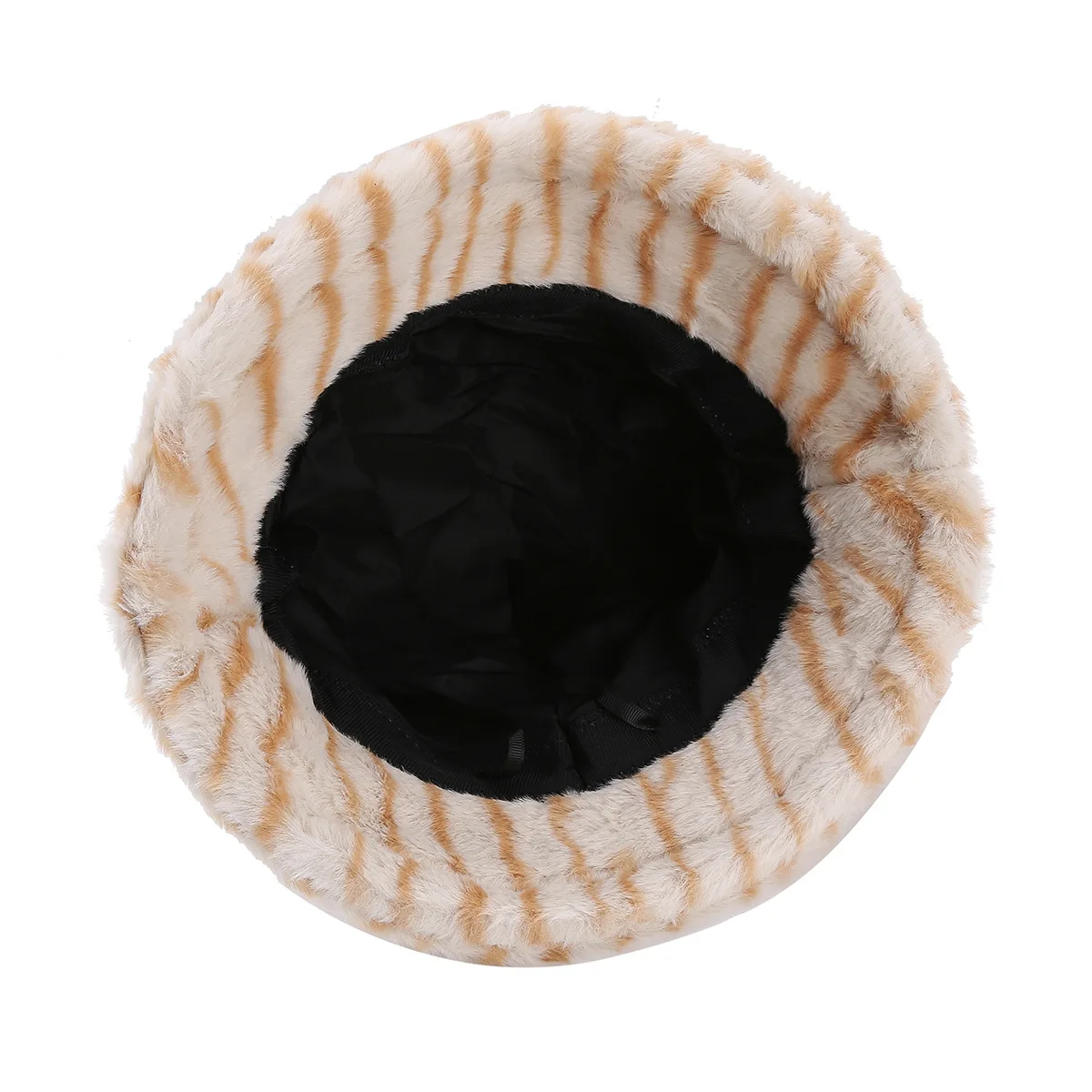 Women's Winter Plush Striped Bucket Hat in Pink, White, and Light Brown with Tiger Print. Fluffy and Warm with a Plush Texture. Vintage Style, Versatile for Pairing with Sweaters and Coats on Snowy Days