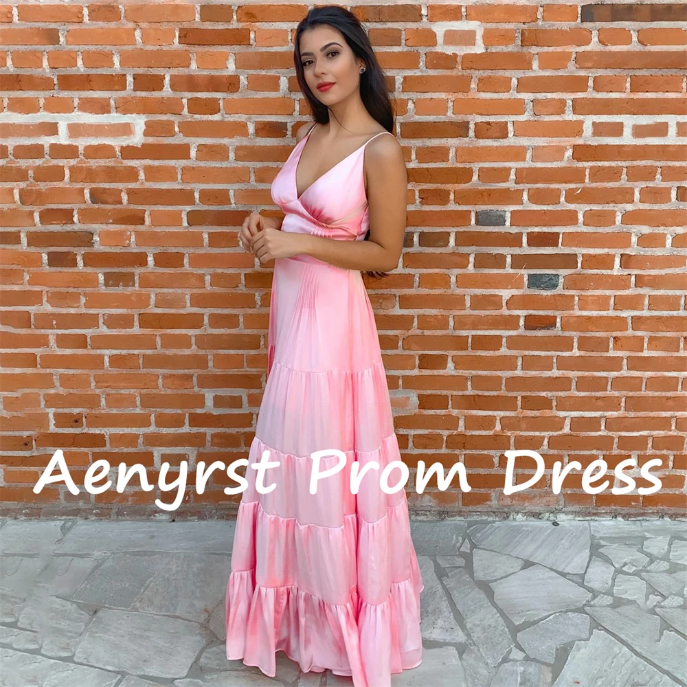 Aenyrst Pink Deep V Neck A Line Holiday Dresses Satin Spaghetti Strap Evening Gown Floor Length Dinner Party Dress Custom Made