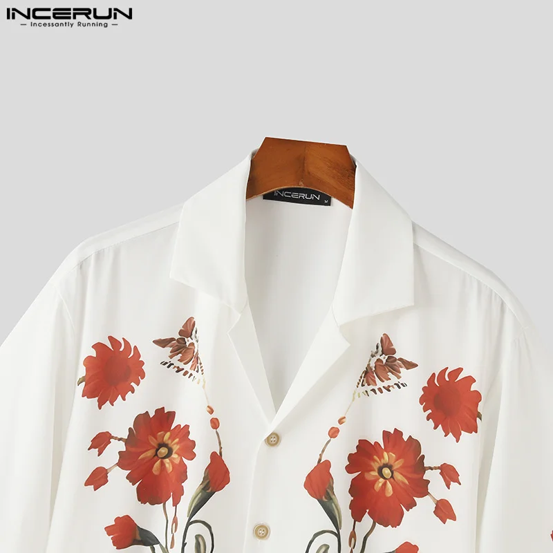 INCERUN Men Shirt Flower Printing Lapel Short Sleeve Vacation Casual Men Clothing Streetwear 2024 Summer Fashion Shirts S-5XL