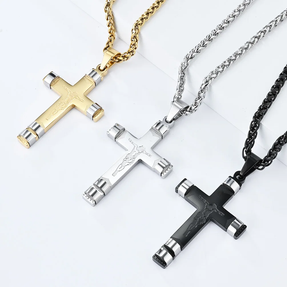 High-Quality Stainless Steel Catholicism Jesus Cross Pendant Necklace, Christian Religious Jewelry for Men