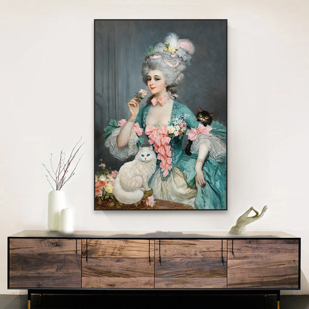 Classical Oil Painting Prints An Elegant Lady With Roses And Cats Poster Altered Art Renaissance Vintage Funny Canvas Painting