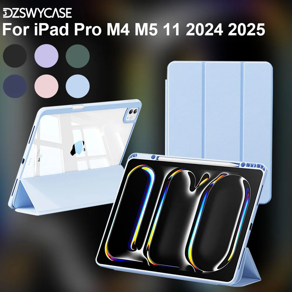 Für iPad Pro M5/M4 2025 2024 11 Zoll Hülle, mit Stifthalter, Dreifach Faltbare Standhülle mit Transparenter Hartplastik-Rückseite, mit Auto-Wach/Schlaf-Funktion