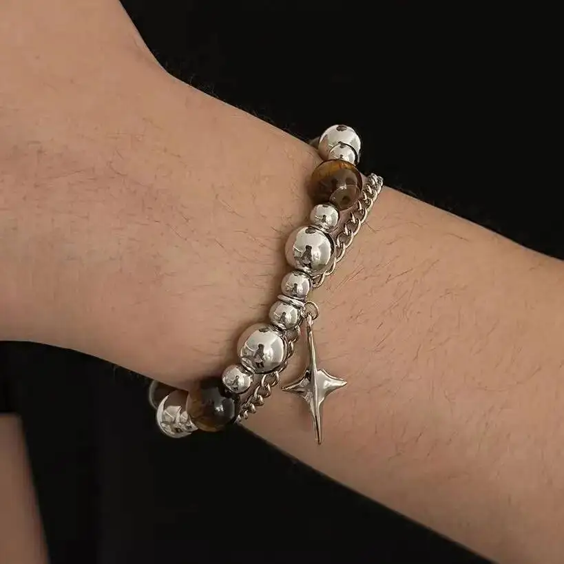 Salircon Creative Unique Natural Stone Beaded Chain Bracelet Men Fashion Adjustable Four-pointed Star Pendant Bangle Jewelry