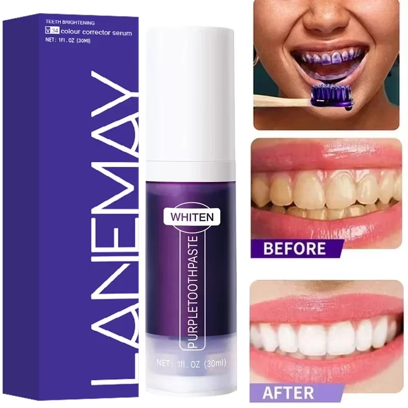 Purple Teeth Whitening Toothpaste, Remover manchas de placa, Limpeza Higiene Oral, Ferramentas Dentárias, Hálito Fresco, Beleza, Cuidados de Saúde, V34