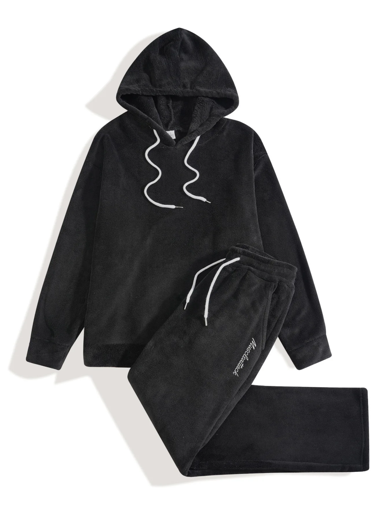 Herren Weiches Warmes Flanell Zweiteiler Set Übergroßer Kapuzenpullover mit Kordelzug Lose Hose Lässige Hauskleidung Herbst Winter Tägliche Kleidung – Detail 2