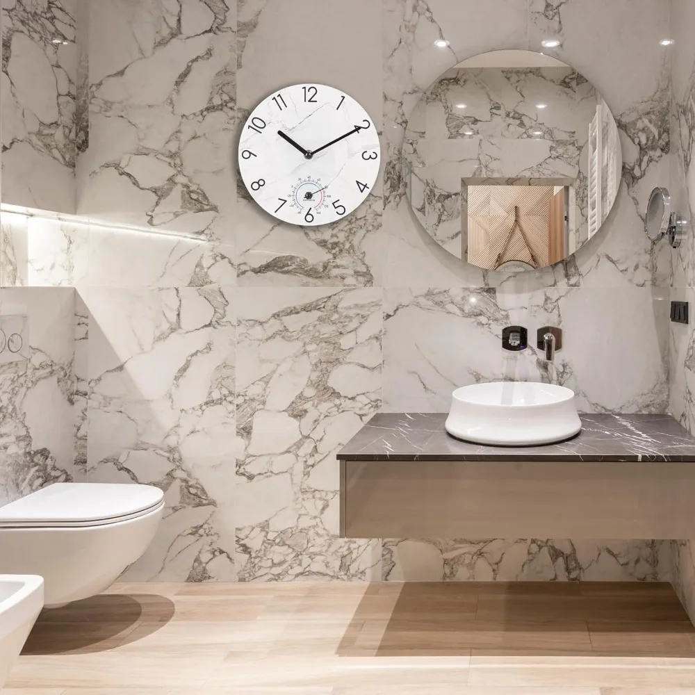 

Bathroom waterproof glass clock with thermometer, shower decoration, 8 inches, modern marble style