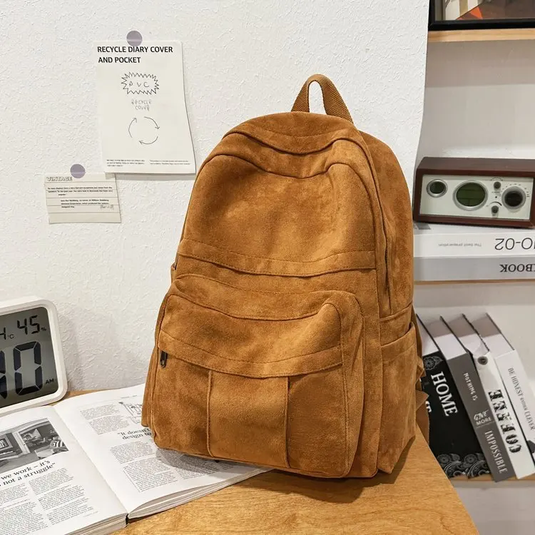 Vintage Wildleder-Rucksack, Mehrfach-Taschen Casual Tagesrucksack, Retro Laptop-Schulrucksack für Studenten