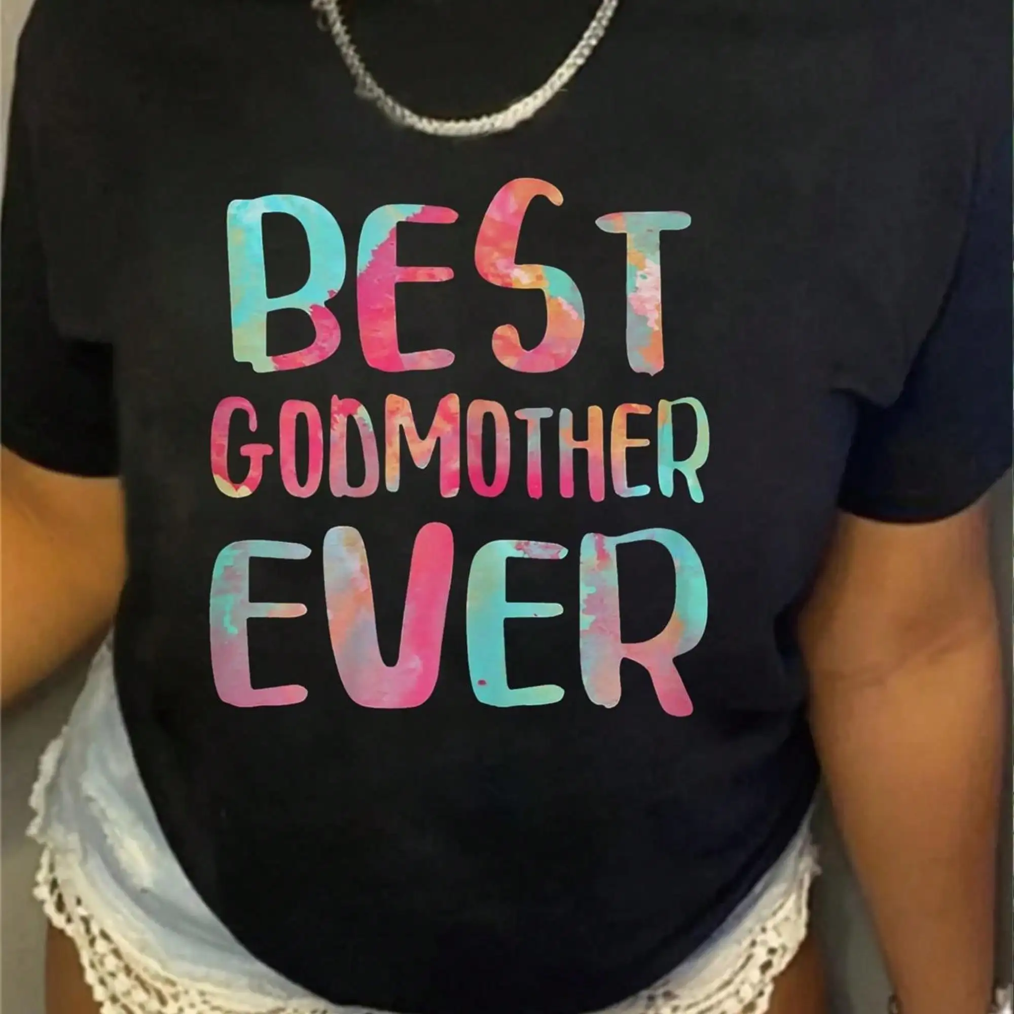 Best Godmother Ever Women's Plus Size T-Shirt - Soft Relaxed Fit Short Sleeve Crew Neck Tee With Vibrant Watercolor Godmother Print, Casual Spring Summer Blouse For Showers & Family Events, Machine Washable Gift Idea
