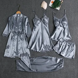 5pcs/Set Silk Robe Sleep Suit Women Lace Satin Pajamas Gown V Neck Dresses Nighties Wear Pijama Home Nightwear Summer Nightdress