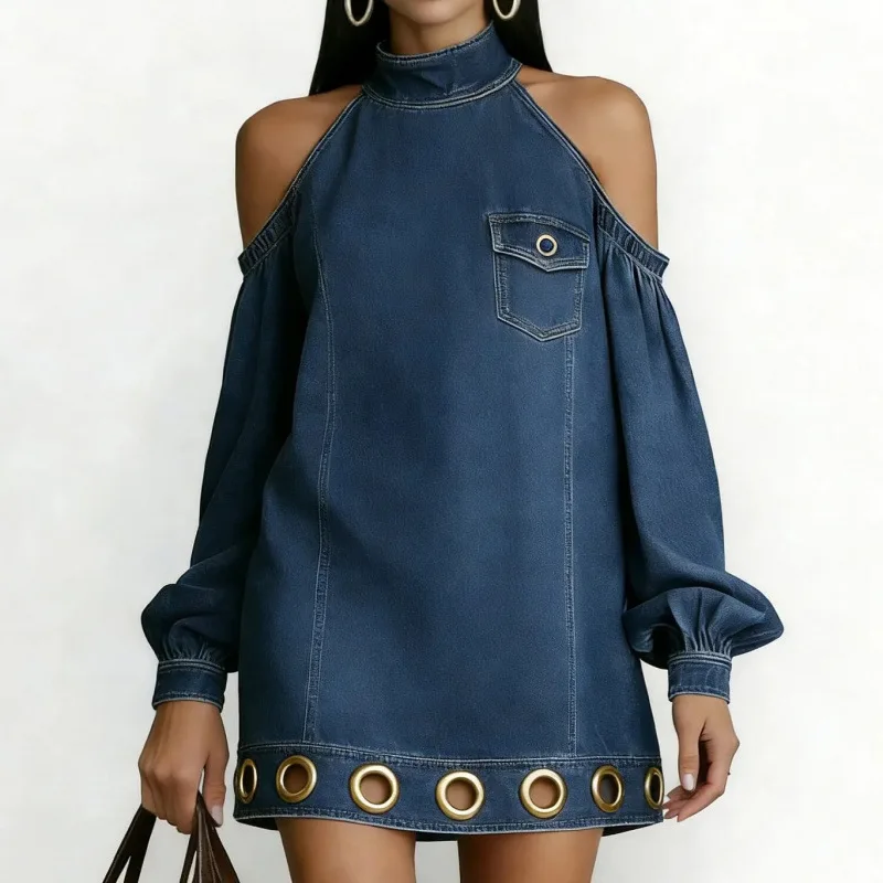 Chic Halter Cold Shoulder Denim Shift Dress for Women Puff Long Sleeve Metal Eyelet Hem Mini Dress Dating & Casual Street Outfit