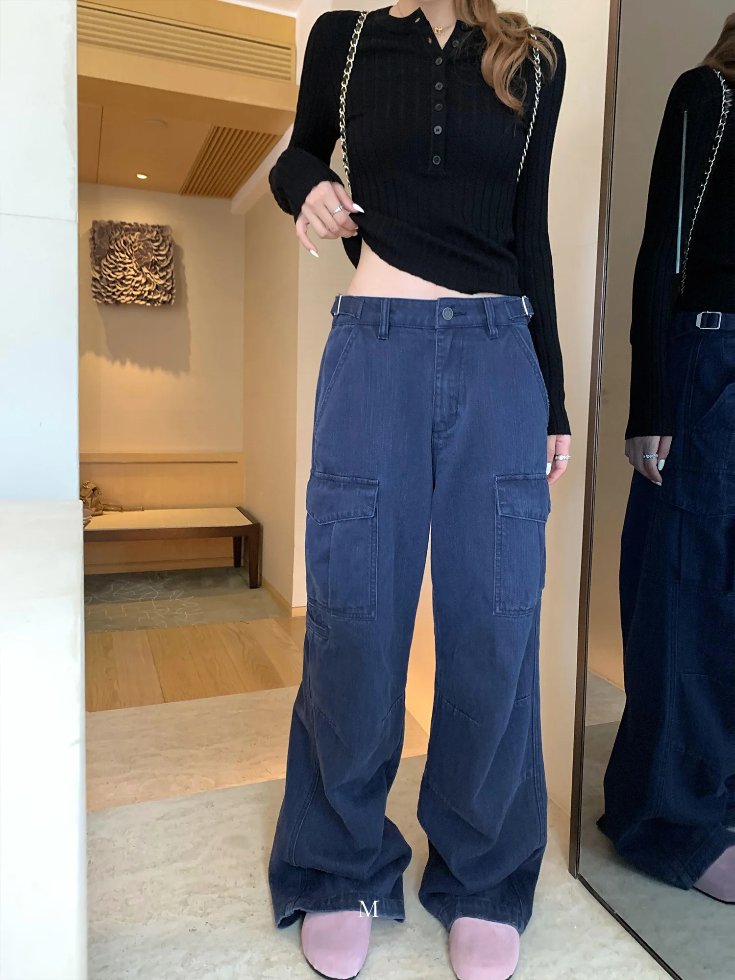 

Американские ретро-джинсы с широкими штанинами в рабочем стиле для женщин, свободные прямые брюки с несколькими карманами, низкая посадка, хлопок