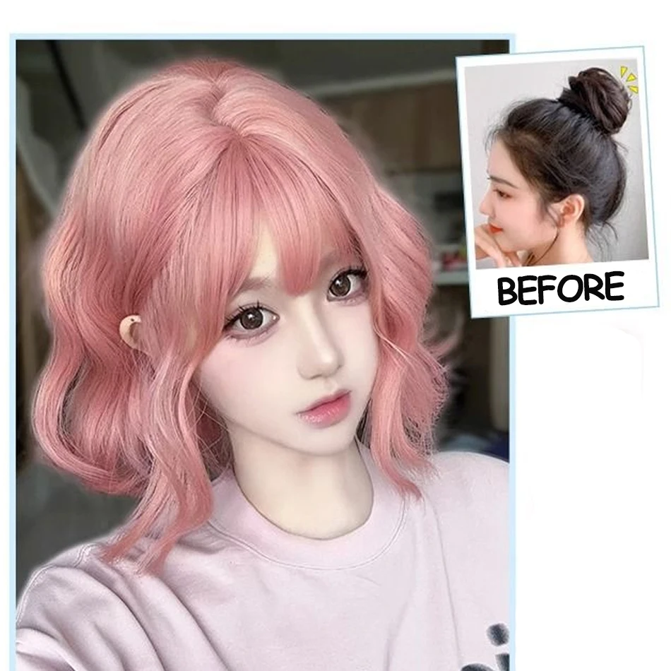 12Inch Short Curly Synthetic BOB Wig With Lace Part Pink Water Curly BOB Wig With Bangs Machine Made BOB Wig Cosplay Party Daily