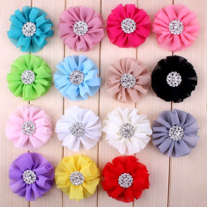 

20pcs/lot 6.5cm 15colors Artificial Chiffon Flowers + Rhinestone Button For Girl Hair Accessories Fabric Flowers For Headbands