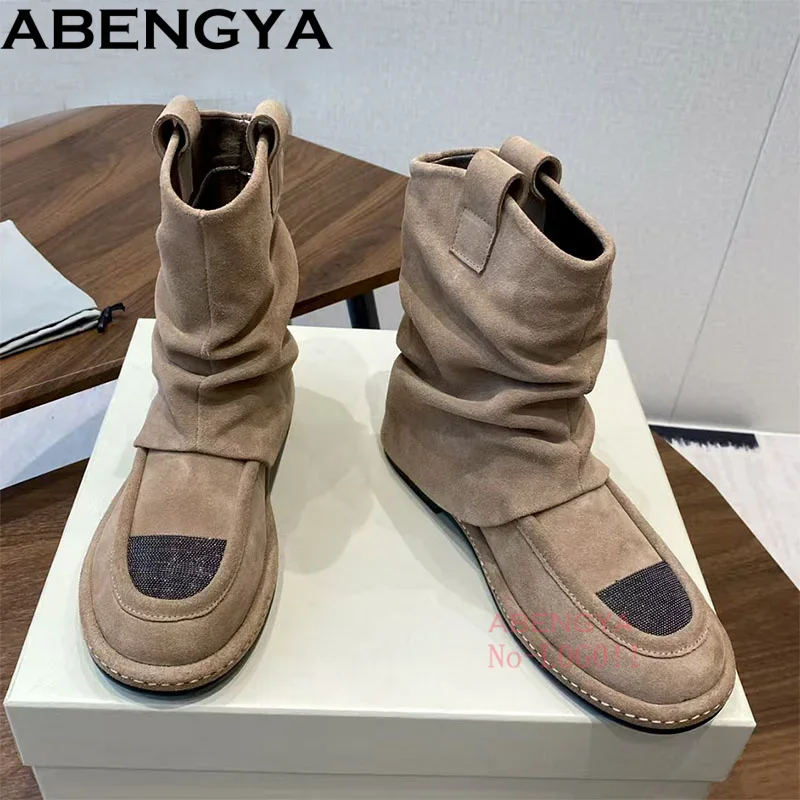 

Cow Suede Leather Short Boot Women Round Toe Slip On Flat Shoes Woman String Bead Chelsea Ankle Boots For Woman