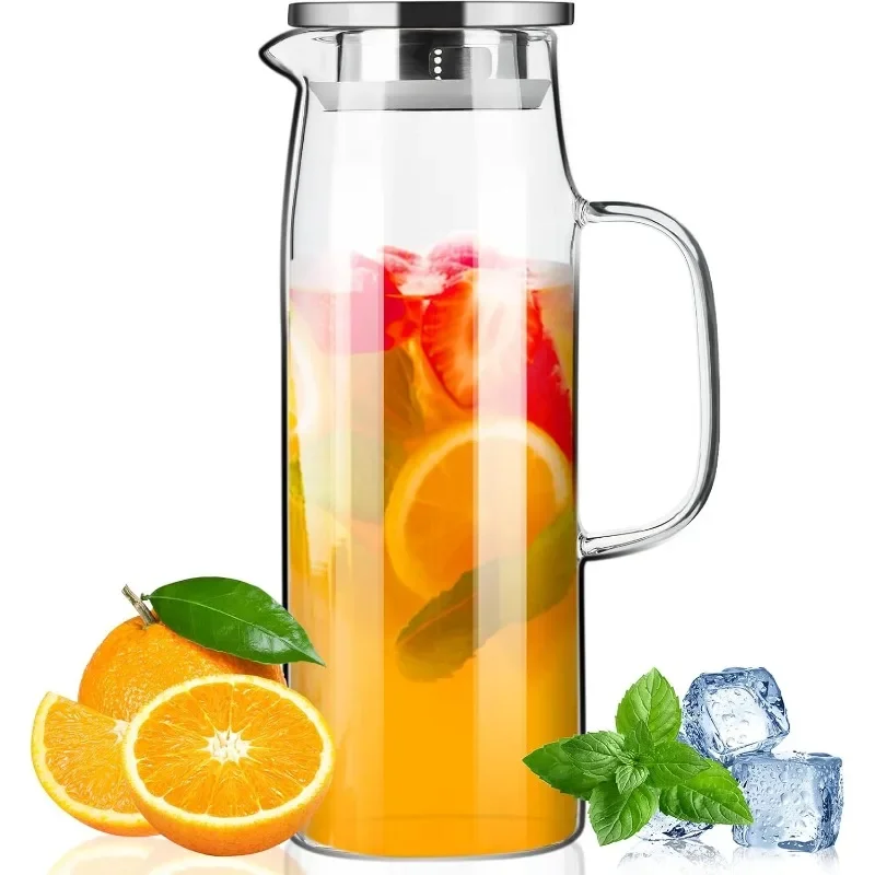 Glass Pitcher with Lid and Spout 50oz/ 1.5L, Hot/Cold Water Pitcher, Iced Tea Pitcher for the Shelf