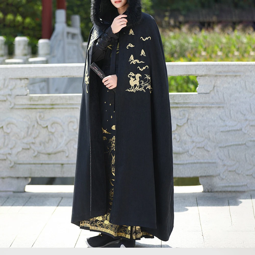 

Hanfu Mens Autumn Winter Black Long Embroidered Flower Golden Fox Chinese Style Fashion Plus Velvet Thickened Cloak Hooded Cape